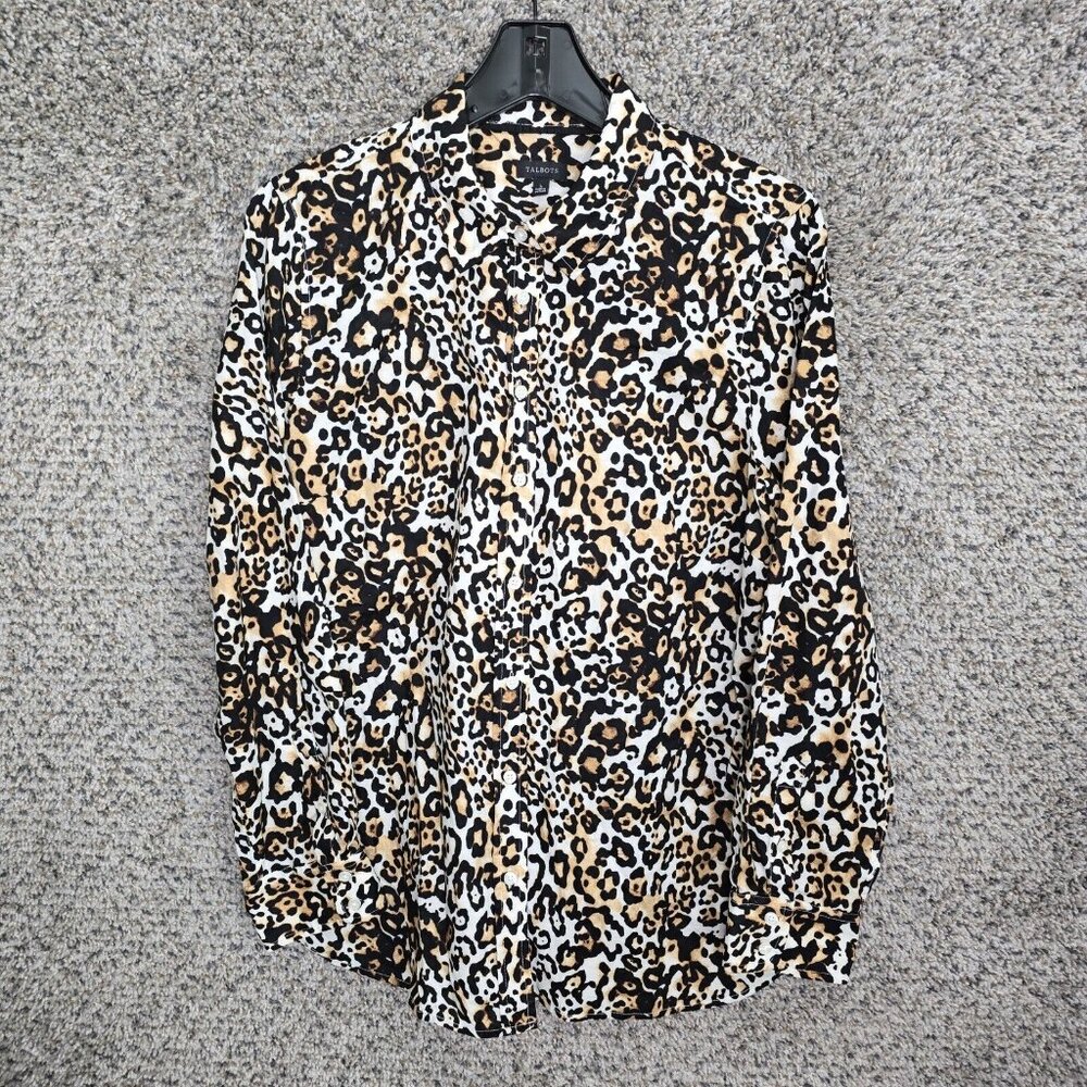 Talbots Top Womens Large Brown Animal Print Button Up Long Sleeve Cotton Casual